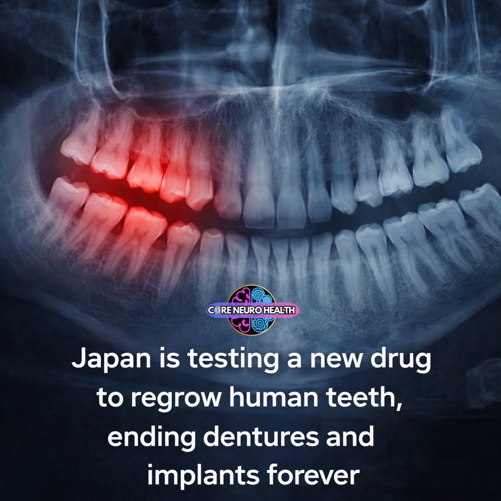 CoreNeuroHealth's tweet image. Researchers in Japan are testing a drug designed to stimulate tooth regrowth, targeting pathways involved in dental development. Early-stage trials aim to explore whether dormant tooth-forming potential can be reactivated in adults.