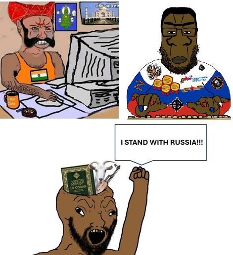 5G_Reptilian's tweet photo. To you idiots from India, Africa and Middle East, who have this "anti West" sentiment, so you support ruSSia as a result:

You hate the West for the wars and colonialism. Which is fine. Yet, you support ruSSia who's doing the same. You're too stupid to realize how stupid you are. https://t.co/eJyXRlMAbz