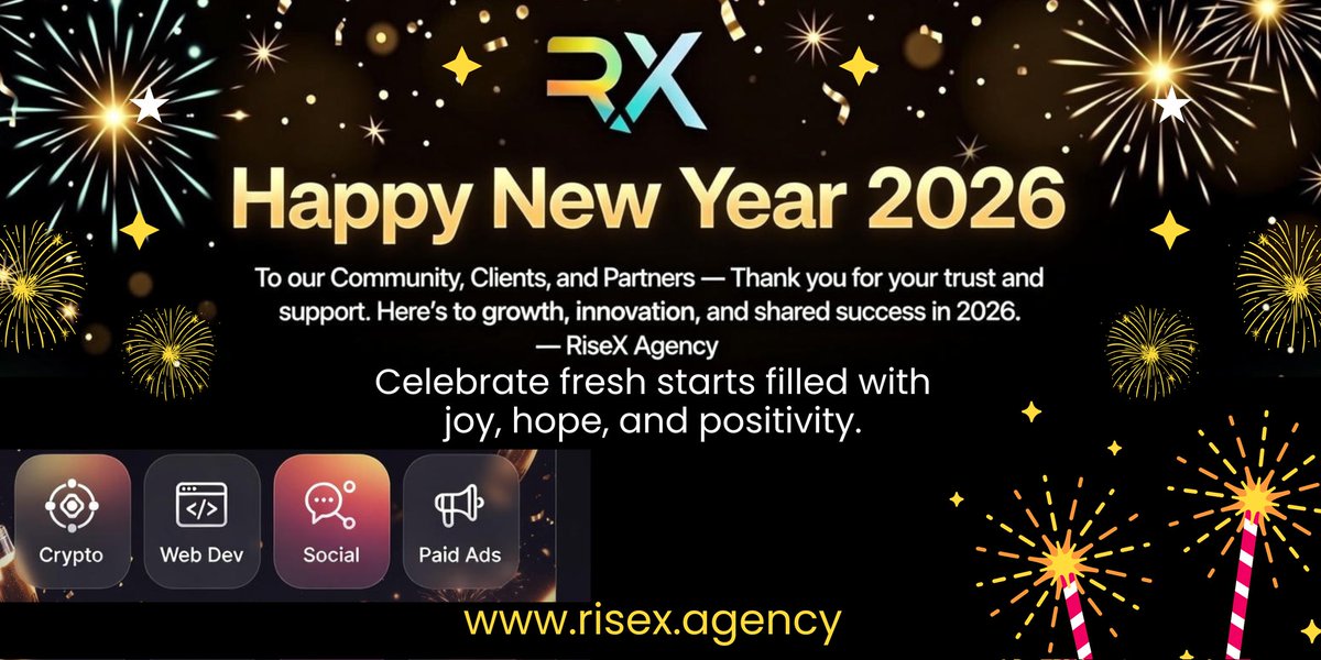 RiseXAgency's tweet photo. 🎉 Happy New Year 2026

Huge thanks to our clients, partners &amp; community for making 2025 a year of growth and wins 🚀
With your support, we achieved big milestones  and 2026 will be even bigger 💪
Wishing success, growth &amp; innovation.
🌐 https://t.co/GYo6rqdbse
#HappyNewYear2026 https://t.co/HVp6FnG8Ph