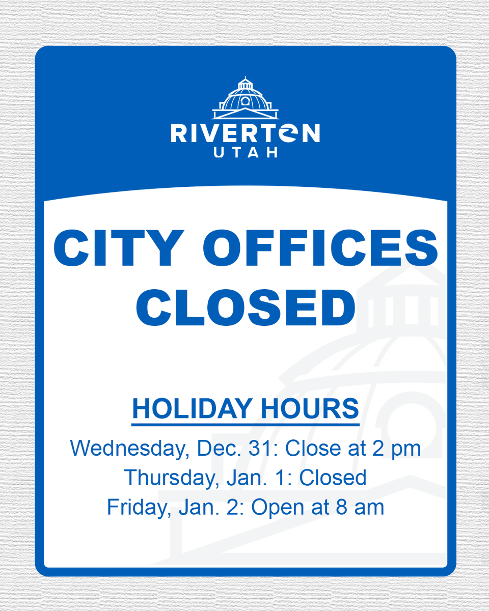 City offices will close at 2 p.m. today and remain closed tomorrow. Offices will reopen Friday at 8 a.m.