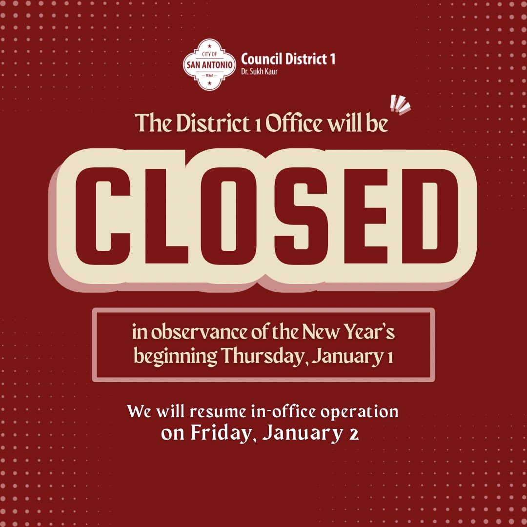 In observance of New Year’s, the District 1 Office will be closed on Thursday, January 1.
 
We look forward to serving you when we reopen on Friday, January 2. What are you looking forward to most in the year ahead? 🎉🎉
