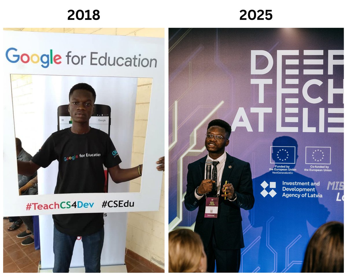 adelekesamuel01's tweet photo. 2018: In Nigeria, helping secondary students build foundational coding and creativity skills

2025: Speaking at Deep Tech Atelier in Riga, Latvia at the invitation of EIT, sharing on upskilling non-technical talents in AI

7 years apart, the mission is still the same
#2025wrap https://t.co/FrqyvooD24