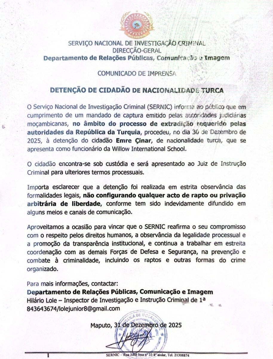 GÜNCELLEME
Mozambik SERNIC, avukat Emre Çınar’ın Türkiye’nin talebi üzerine 30.12.2025’te gözaltına alındığını ve gözetimde olduğunu duyurdu.
Ancak avukata erişim, adil yargılanma güvenceleri ve olası zorla transfer riski konusunda acil şeffaflık gerekiyor.
📢 Uluslararası insan