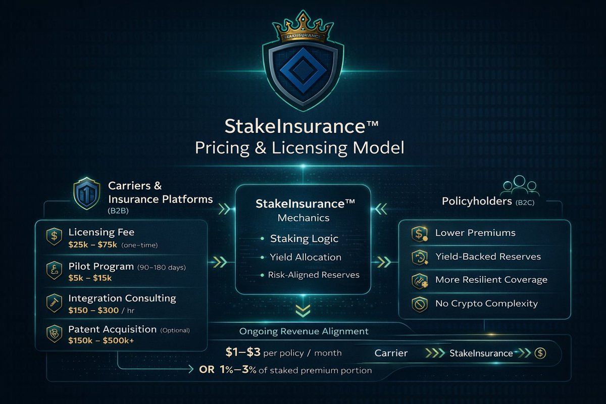 StakeInsurance's tweet image. We’ve finalized the StakeInsurance™ pricing &amp;amp; licensing model.

A yield-backed framework that lets carriers reduce premiums, strengthen reserves, and improve resilience — without exposing policyholders to crypto complexity.

Insurance is just the first vertical.

#Insurance…