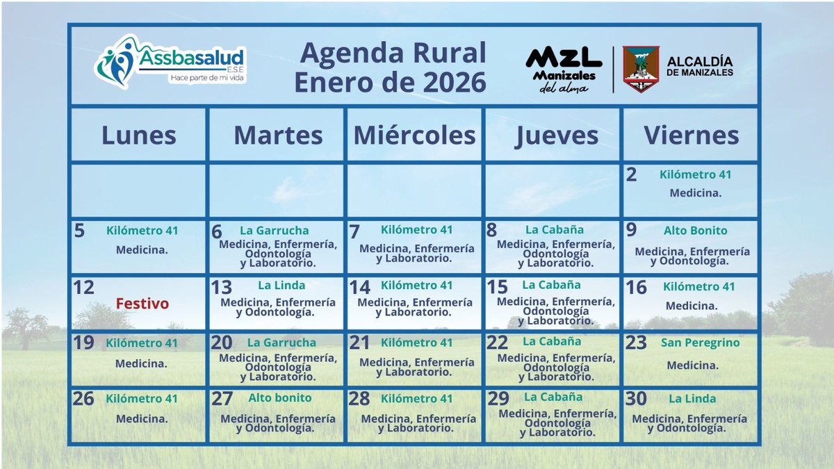 Agenda rural de Enero 2026.

Iniciamos el 2026 como es nuestra costumbre: llegando hasta el área rural para cuidar la salud de nuestras comunidades, con un servicio humanizado, oportuno y de calidad.

Assbasalud ESE, una entidad al servicio de la comunidad.