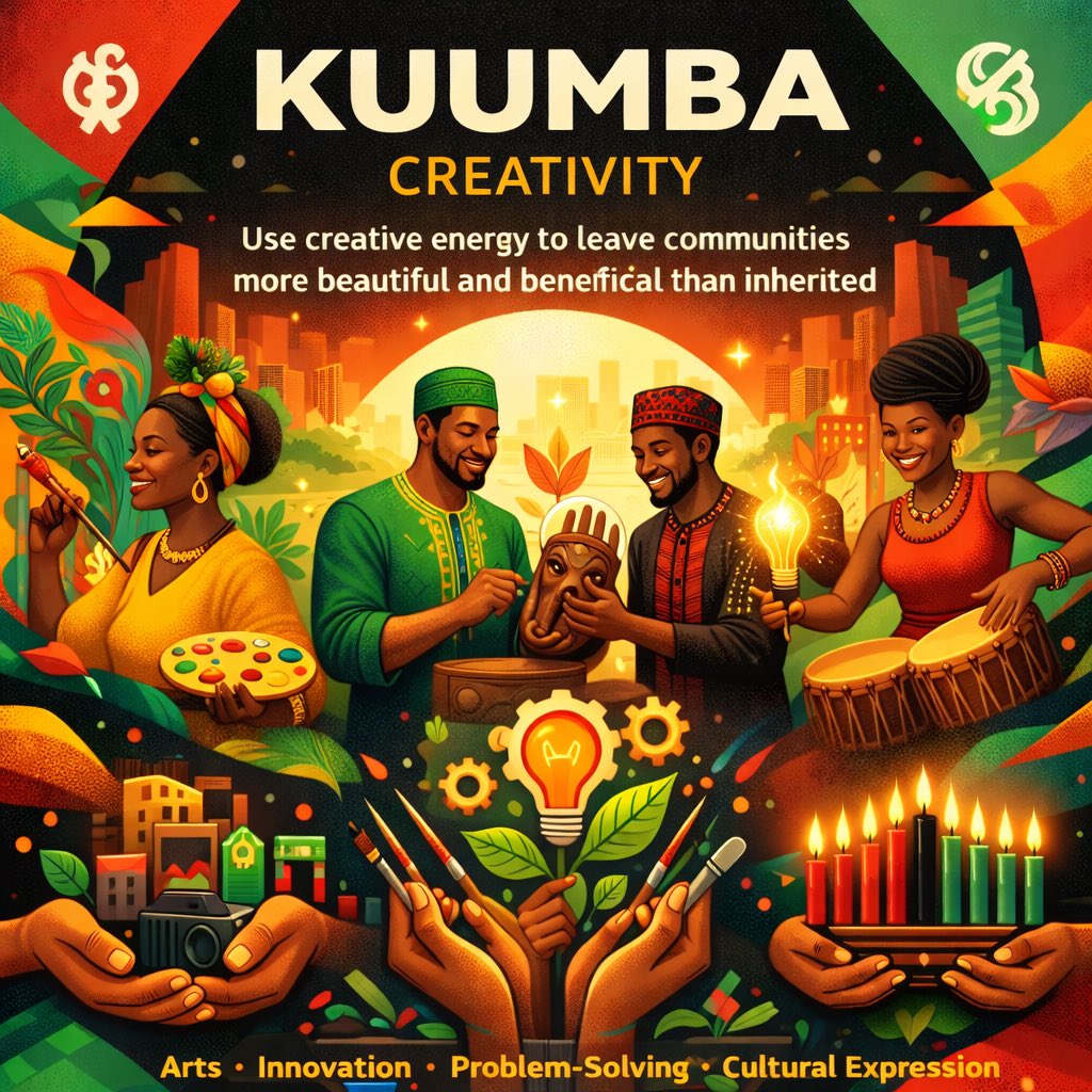 PewsToThePolls's tweet image. Today's #Kwanzaa theme is #Kuumba - Kuumba is about using #Creativity as a call to make communities more beautiful and beneficial.  We commit to leaving them better than inherited, through arts, innovation, problem-solving, and cultural expression.