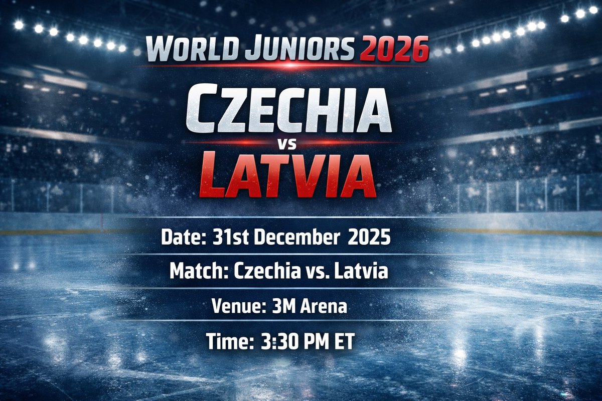 markthisholiday's tweet photo. 🏒 World Juniors 2026 – Czechia 🇨🇿 vs. Latvia 🇱🇻

🔴 LIVE: https://t.co/122iU1gaO0

🔥 Don’t miss this exciting matchup at the World Juniors!

📅 Date: 31st December 2025
🏟️ Venue: 3M Arena
⏰ Time: 3:30 PM ET

#WorldJuniors2026 #Czechia #Latvia #IceHockey https://t.co/8lvlEmyzR5