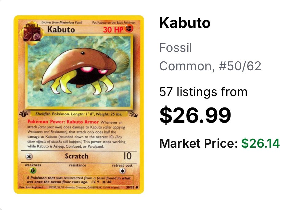 KabutoKing_'s tweet image. Kabuto 1st edition NM price has stabilized around $25-26 following the Polymarket madness/manipulation. 

What will market price be at the end of 2026?