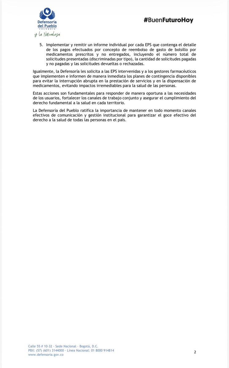 La Defensoría del Pueblo hace un llamado urgente a todos los actores del sistema de salud para garantizar la continuidad en la atención y el acceso oportuno a medicamentos, especialmente frente a los riesgos de suspensión de servicios y cierre de puntos de dispensación que