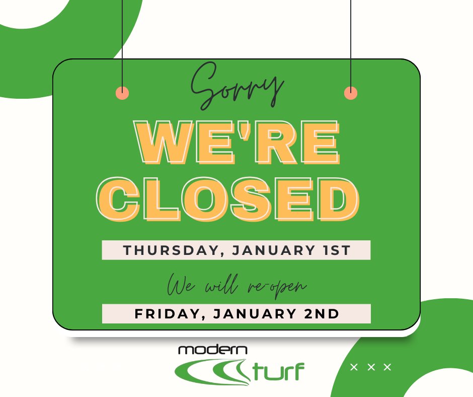 ModernTurfSod's tweet image. Modern Turf Sod &amp;amp; Landscape Supply will be closed on Thursday, January 1, and will reopen with normal business hours on Friday, January 2, 2026 at 8 a.m.

We wish everyone a safe and happy New Year—we’ll see you Friday and look forward to helping you start 2026 strong!