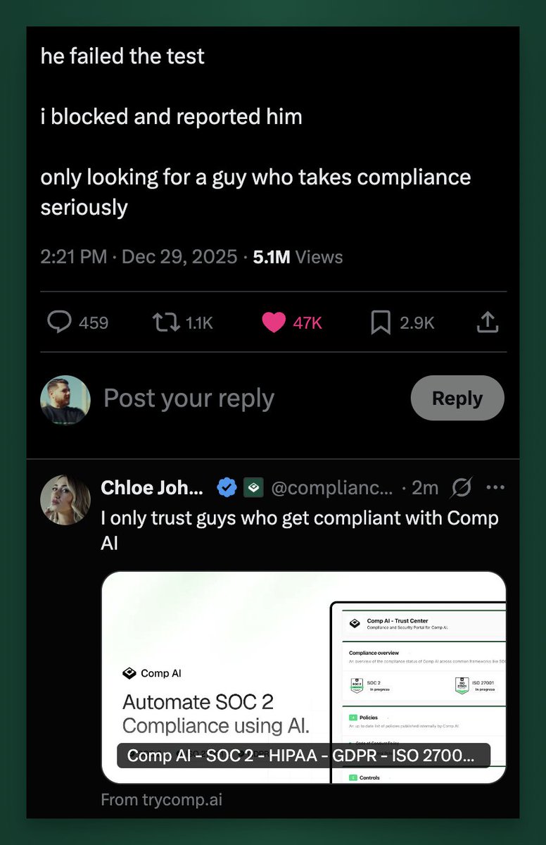 absolute domination of the worlds most boring industry

one post:

5.1m views
47k likes
3k bookmarks

ALL organic

guess who owns the compliance company