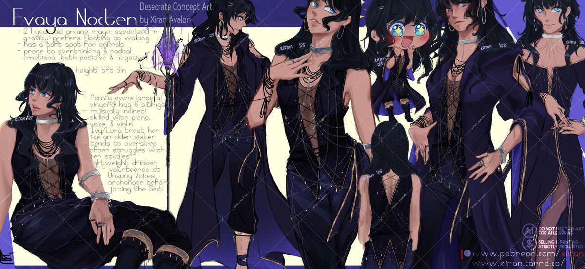 Evaya Nocten, from a story I've been writing for over a year (titled Desecrate).
She's an arcane mage, specialized in gravity magic.

Full res &amp; individual, non-overlapped versions avail. on P★treon; free 120DPI ver of this sheet will be up soon.
#OCart #DesecrateArt #drawings