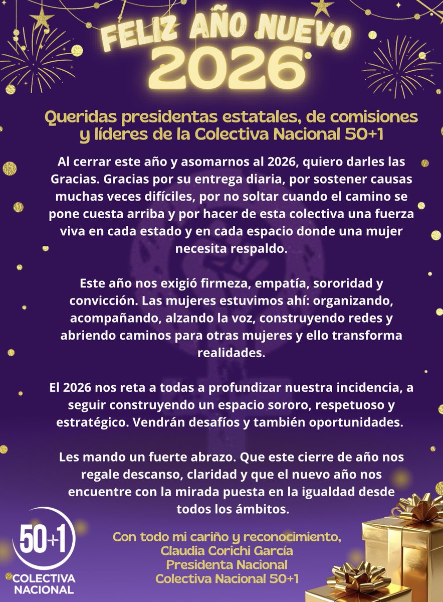 Queridas presidentas estatales, de comisiones y líderes de la Colectiva Nacional 50+1, al cerrar este año y asomarnos al 2026, quiero darles las Gracias. Gracias por su entrega diaria, por sostener nuestras causas y por hacer de esta colectiva una fuerza viva en cada estado!👇🏼👇🏼