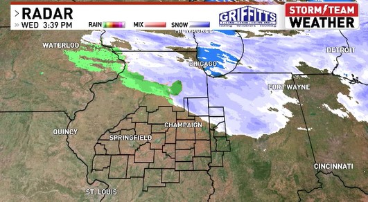 Some light precipitation is streaming down across parts of northern Illinois giving some of our northern communities a glancing blow. It will not be very impactful. So it should NOT be any big nuisance for holiday revelers as most of us will likely see just cloudy skies.