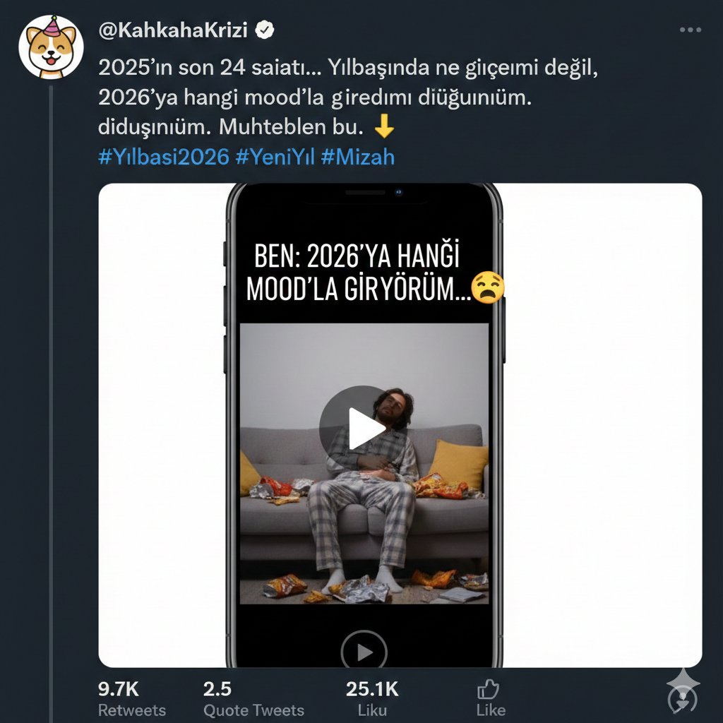 2025'in son 24 saati... Yılbaşında ne giyeceğimi değil, 2026'ya hangi mood'la gireceğimi düşünüyorum. Muhtemelen bu. 👇 #Yılbaşı2026 #YeniYıl #Mizah  #iboshow Sağlıklı Aminnnn