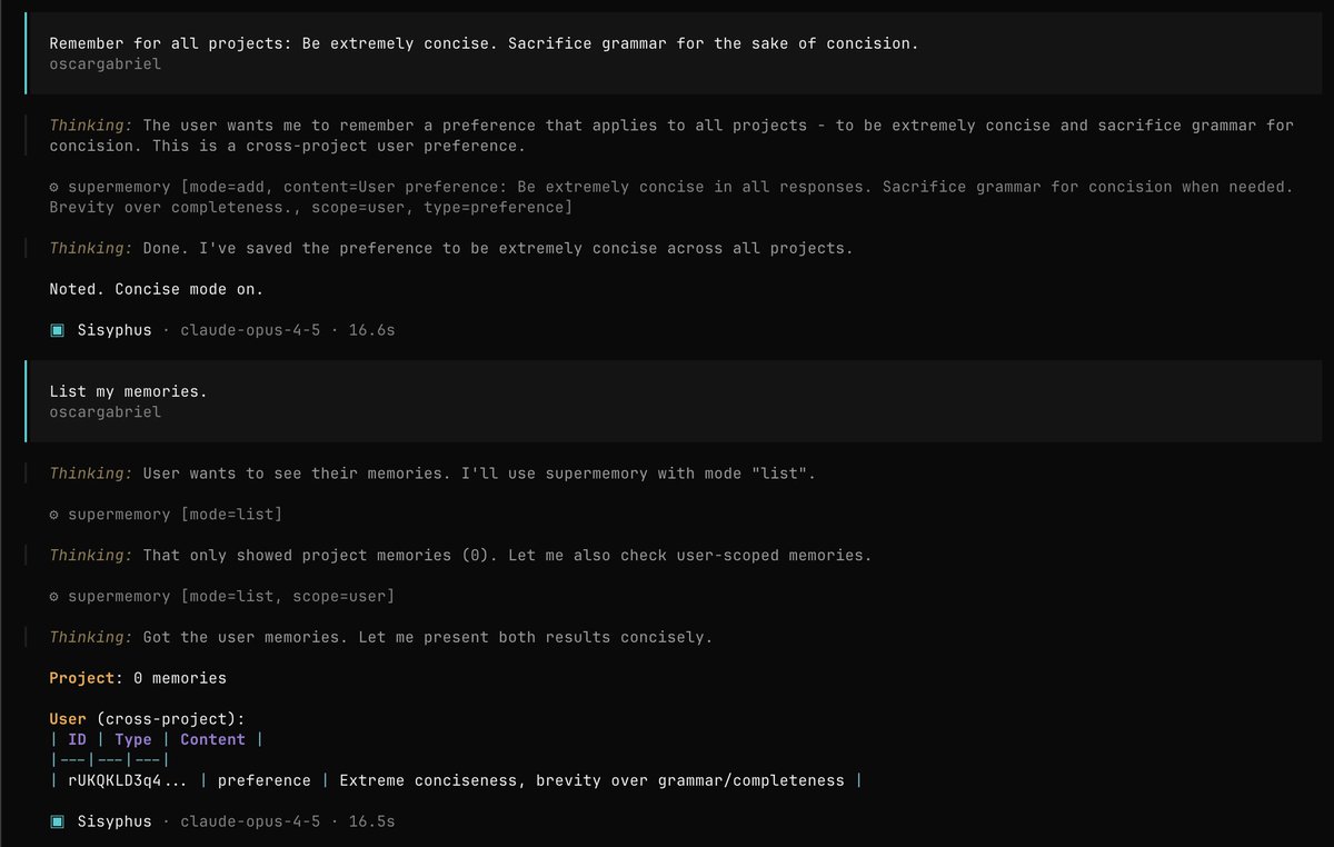 oscabriel's tweet photo. look I may be going too far

but ya can't know till you push it

@opencode +
@justsisyphus plugin +
@supermemory plugin + 
@mattpocockuk's concision rule

lfg https://t.co/HPgvp3Urxj
