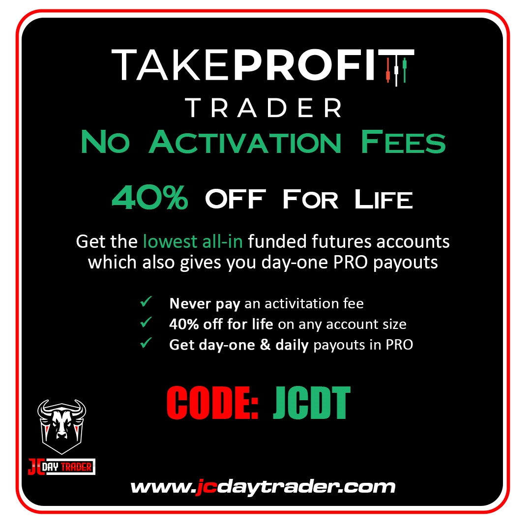 JCDayTrader1111's tweet photo. 🔥40% OFF TAKE PROFIT TRADER accounts 
✅NO ACTIVATION FEES
✅NO Daily Loss Limit
Discount Link: https://t.co/dPaw2UiWVj
Discount Code: JCDT
#TakeProfitTrader #futurestrading #propfirm #promocode https://t.co/7hI2cGKcTv