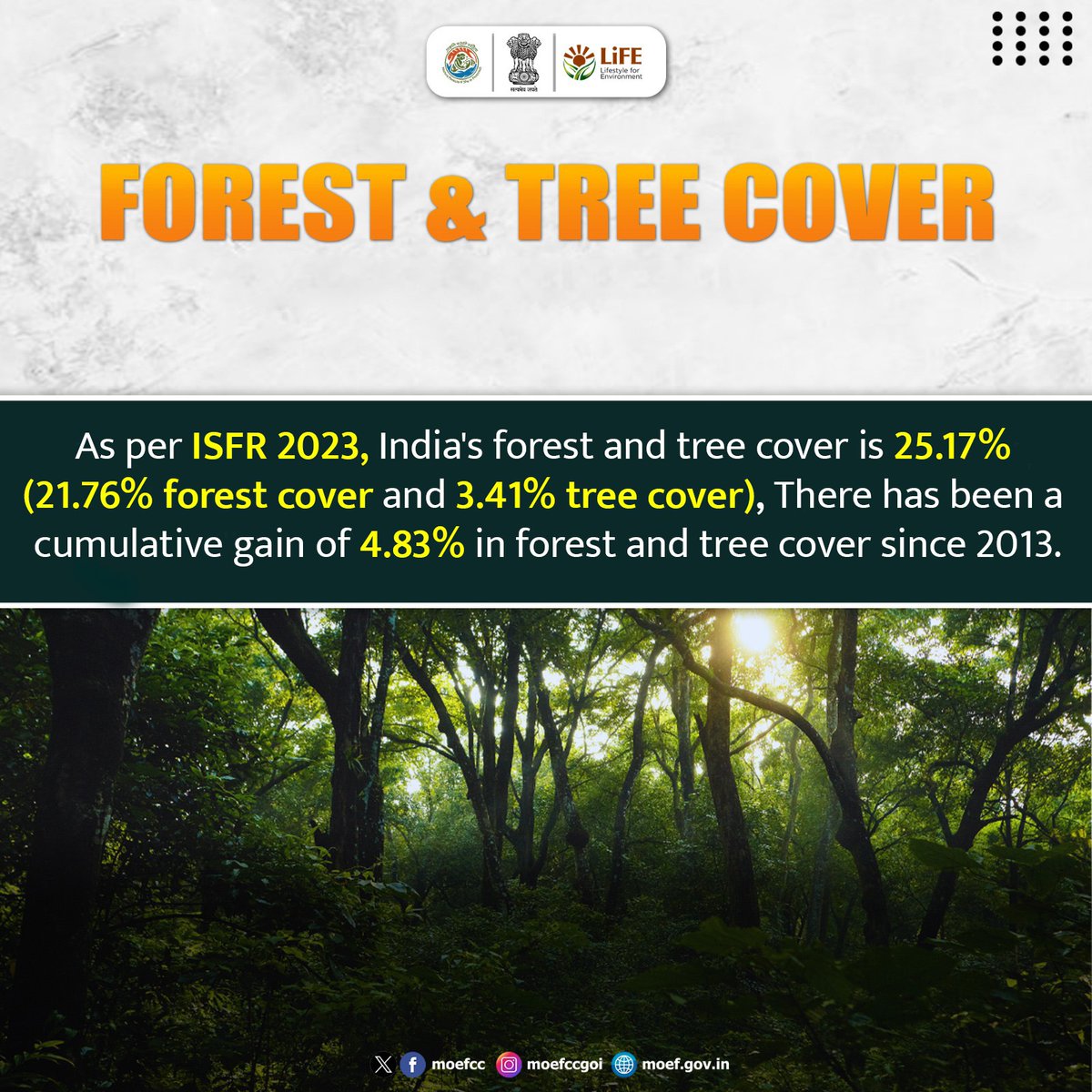 moefcc's tweet image. As per ISFR 2023, India's forest and tree cover is 25.17% (21.76% forest cover and 3.41% tree cover)

#Forest #MissionLiFE #ProPlanetPeople