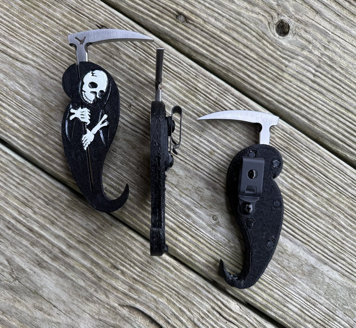 A couple of my hand sketches and 3D models that went into development of our new MicroDickPick additively manufactured skeletal sheaths. 

Both designs have identical functions: sheath, pocket catch, drain holes for cleaning, sandwiched assemblies with hidden hardware, interface