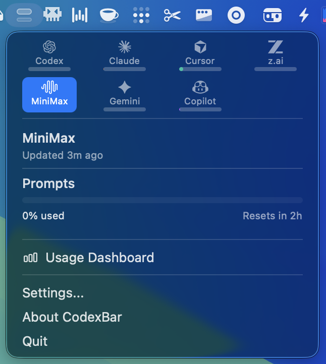 CodexBar minimax menu