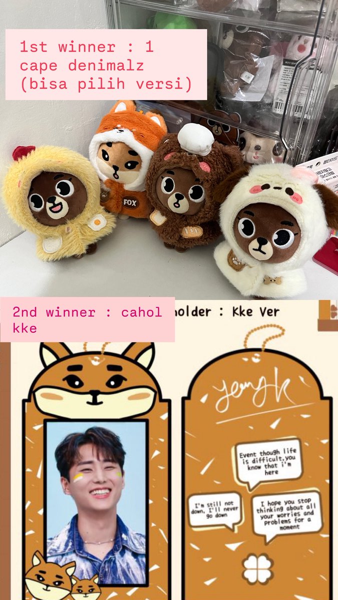 ♡  give away alert🔔

- 1 pc cape denimalz (pilih versi)
- 1 pc acrylic cahol versi KKE
– 1 pc random pob merh fy japan

syarat: follow <a href="/bucinapabuncit/">sungjinmylope</a>, rt post ini dan post pre-order di bawah yaa

good luck!!!!