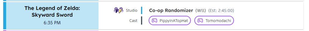 I am so excited to announce that I will be running The Legend of Zelda: Skyward Sword Randomizer Co-op With <a href="/PippyInATopHat/">Pippy V.</a> for Frost Fatales 2026! Bring on the Zelda! 😎
<a href="/FrameFatales/">Frame Fatales</a>