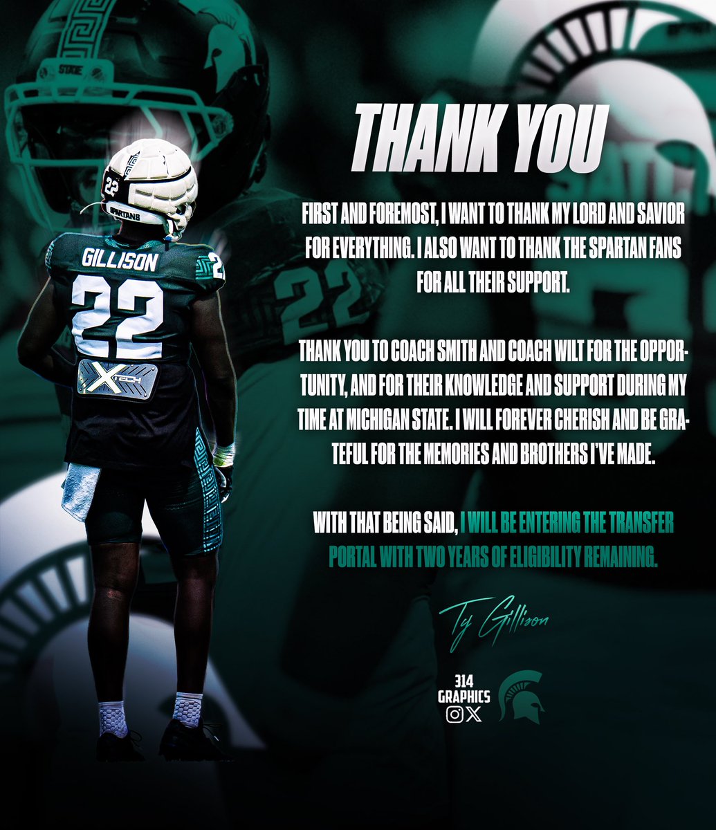 314Graphics's tweet image. BREAKING: Michigan State EDGE Tyler Gillison plans to enter the NCAA Transfer Portal, he tells me.
•
The 6’2”, 245-lb redshirt junior appeared in nine games this season.
•
What’s next for the Pickerington, Ohio native??