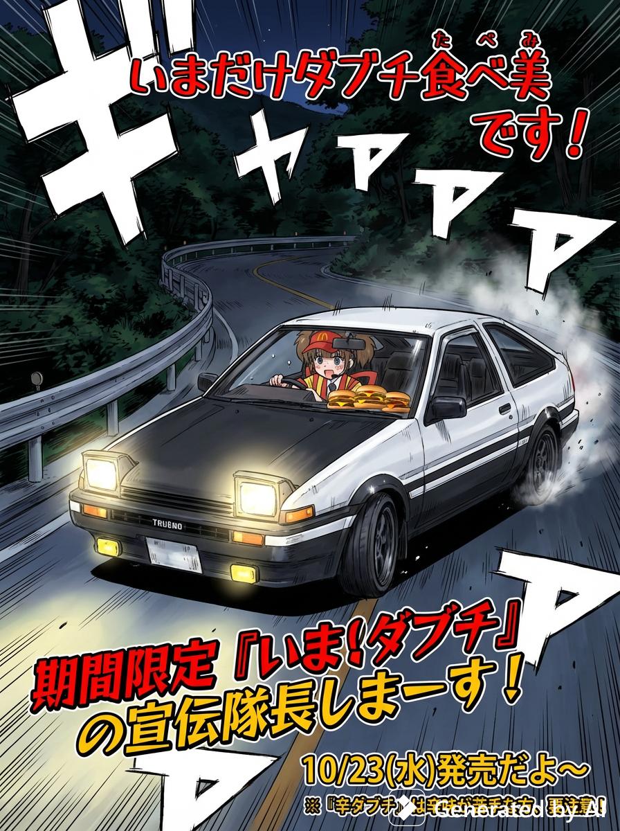 イラストオーダー✩﻿ 塵芥ページ 食べ美の画像に 頭文字D風の作画 夜中の峠の山道をスポーツカー(AE86