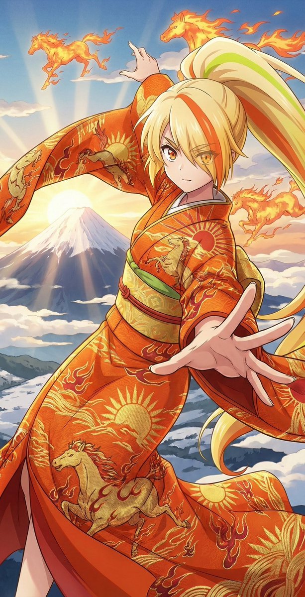 フランシュシュたちの新年祝い🐎
今年は丙午！
サキちゃんにとって、とっても似合う年！🏍️
今年も行くぜ！それでは夜露死苦ぅっ！

#ゾンビランドサガ
#二階堂サキ