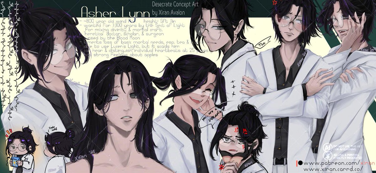 Asher Lynn. A main character from a story I'm writing (Desecrate).
A doctor cursed by the Blood Moon, laments the loss of basic mortal needs.

Full res &amp; individual, non-overlapped versions avail. on P★treon; free 120DPI ver of this sheet up soon.
#OCart #DesecrateArt #drawings