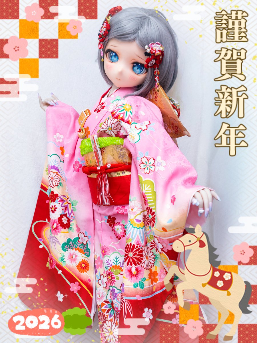 🌅あけましておめでとうございます🎍🐎ひなちゃんも晴れやかな装いで新年をお祝い✨
今年も何卒よろしくお願いいたします(´꒳`)

振袖の着付け初めてしたけど難しいー！（笑）
#いちはむっ子