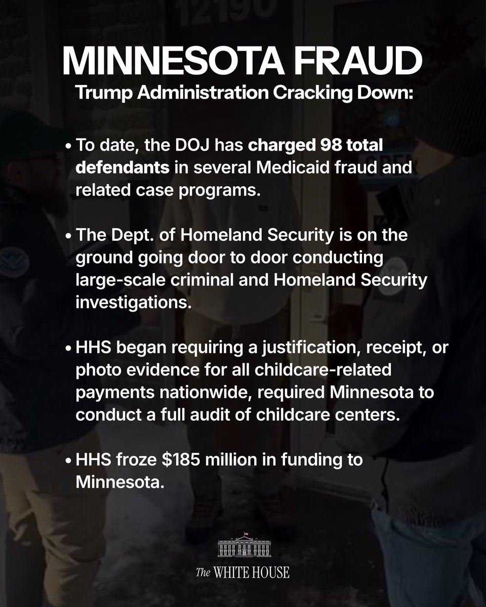 WhiteHouse's tweet image. President Trump’s administration is dismantling the Minnesota-based Somali fraud networks that looted hundreds of millions of dollars from American taxpayers.

American taxpayers deserve complete transparency. The prosecutions will continue.