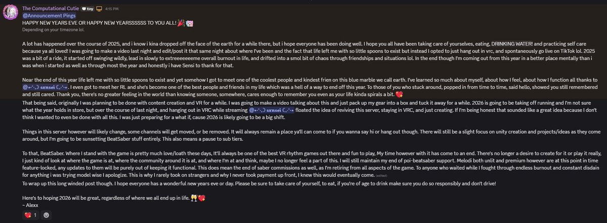 Happy new years everyone!
Where I'm at with BeatSaber, VRC, and Content Creation going into 2026 for anyone that cares.