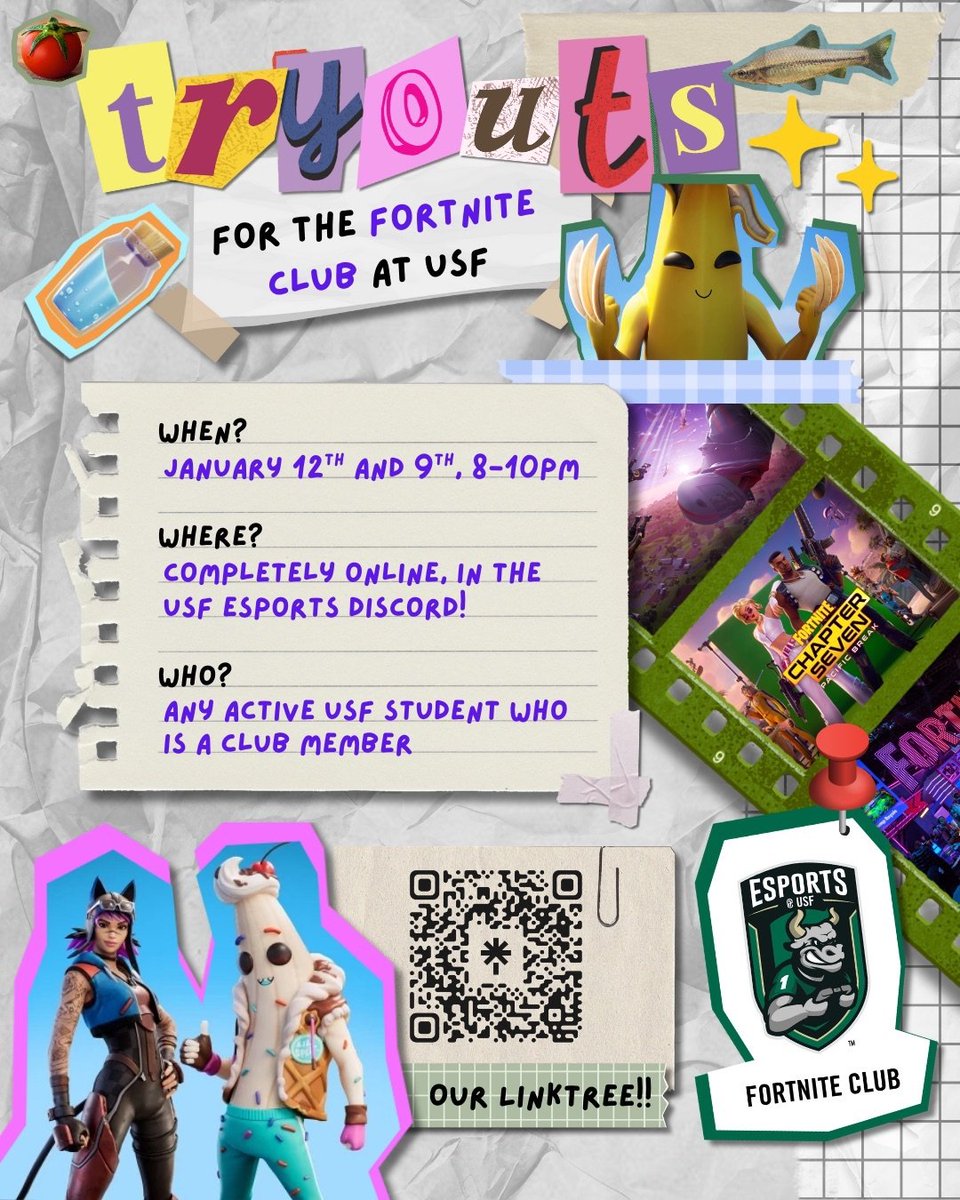 FNClubAtUSF's tweet photo. SPRING TRYOUTS INFO!!! 💐🌸🎮
- Tryouts will take place on the 9th and 12th of January from 8 to 10 PM EST!
- You must complete the registration form to be eligible to tryout!
- All dedicated links to the registration form and events can be found in our linktree!!!
@USF_Esports https://t.co/nZyZE0hbNh