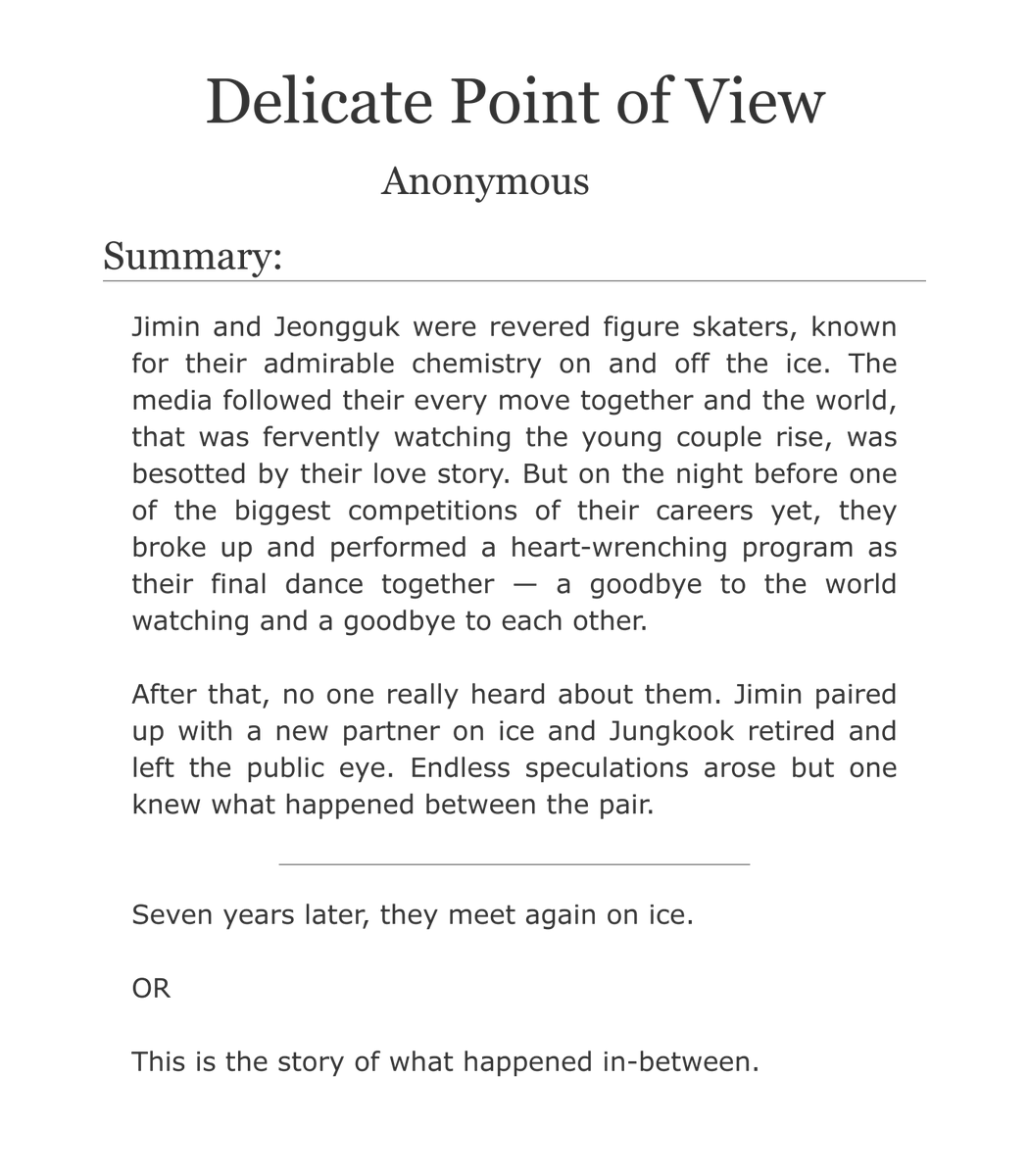 Delicate Point of View #jikook #kookmin #jikookau

❅ written for @kmpuppies, ongoing | 30k
❅ Figure Skater Jeongguk &amp; Jimin, Baker Jeongguk
❅ Exes to Lovers
❅ E | Explicit Sexual Content
❅ Emotional Hurt/Comfort
❅ Post Break-Up

❅ archiveofourown.org/works/75621551…