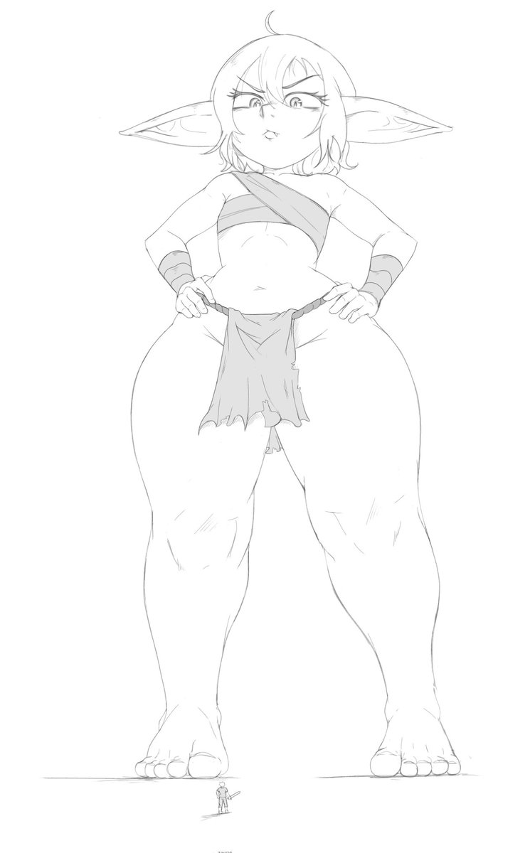 A sketch drawing of a goblin girl looking at a small human.
(This is the second attempt at the previous drawing.)
#sfw #digitalart #SFWart #artwork  #dibujodigital