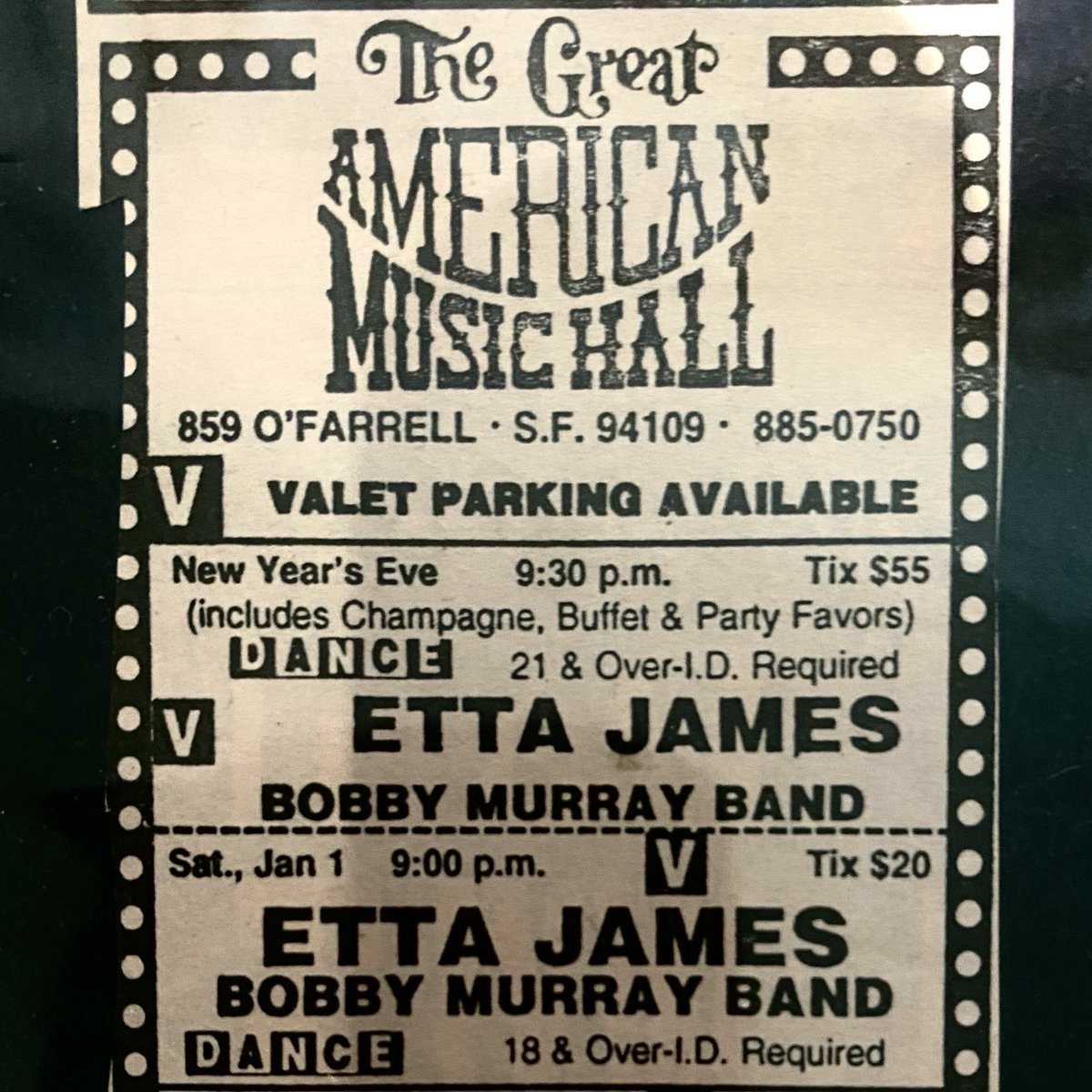 GAMH's tweet image. On this day in 1997…

𝐄𝐓𝐓𝐀 𝐉𝐀𝐌𝐄𝐒
with 𝗕𝗼𝗯 𝗠𝘂𝗿𝗿𝗮𝘆 𝗕𝗮𝗻𝗱

𝘋𝘦𝘤𝘦𝘮𝘣𝘦𝘳 31𝘴𝘵, 1997 &amp;amp; 𝘑𝘢𝘯𝘶𝘢𝘳𝘺 1𝘴𝘵, 1998

What an unforgettable way to ring in the new year! ❤️