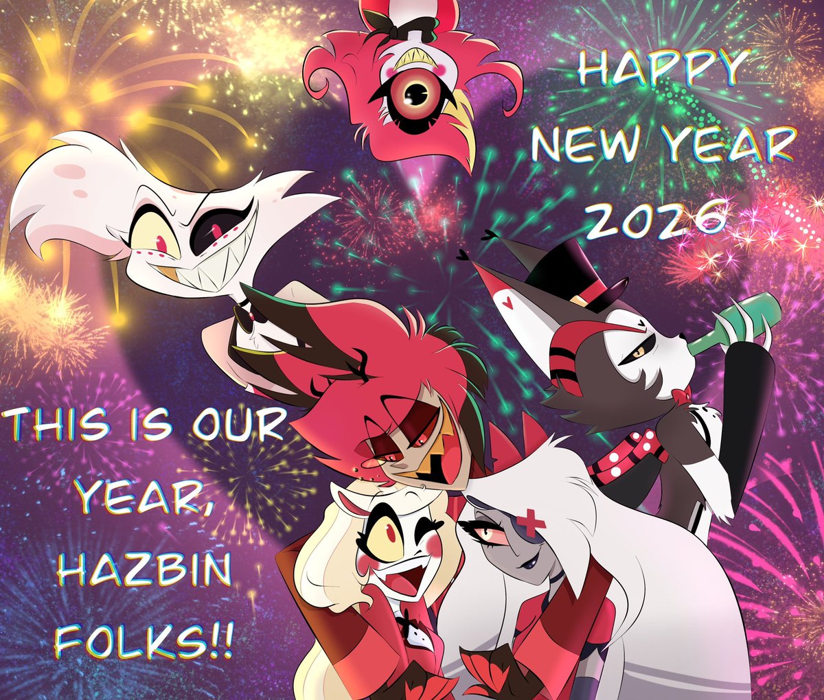 ✨ Happy New Year, Hazbin Hotel fandom!✨ Here’s to another year of chaos, color, fanart, tears, laughter, and pure hellish love❤️ See you in hell...the fun one 😉🥂 #HazbinHotel #HazbinHotelAlastor #HazbinHotelCharlie #angeldust #niffty #Vaggie #HappyNewYear2026 #HappyNewYear