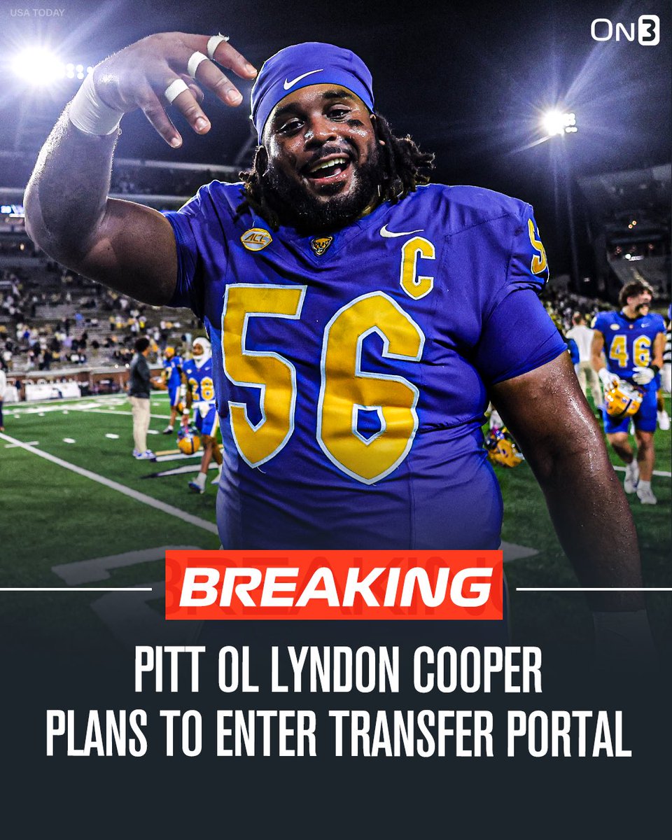 TransferPortal's tweet image. NEW: Pitt starting OL Lyndon Cooper plans to enter the NCAA transfer portal, @SWiltfong_ and @PeteNakos report.

on3.com/transfer-porta…