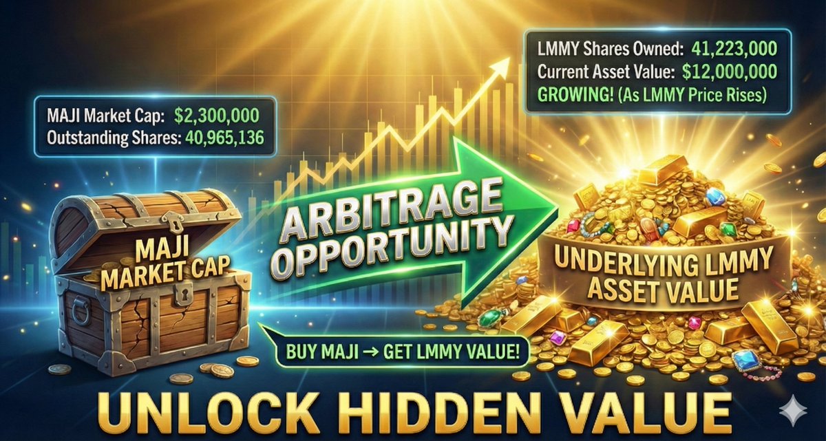 $MAJI: MASSIVE ARBITRAGE OPPORTUNITY🔥
• $MAJI O/S=41M •current market cap =$2.3M
                      ➡️➡️BUT ⬅️⬅️
• $MAJI owns 41M shares of $LMMY current value=$12.7M and rising!

💥MASSIVE MARKET DISCONNECT 💥💥💥