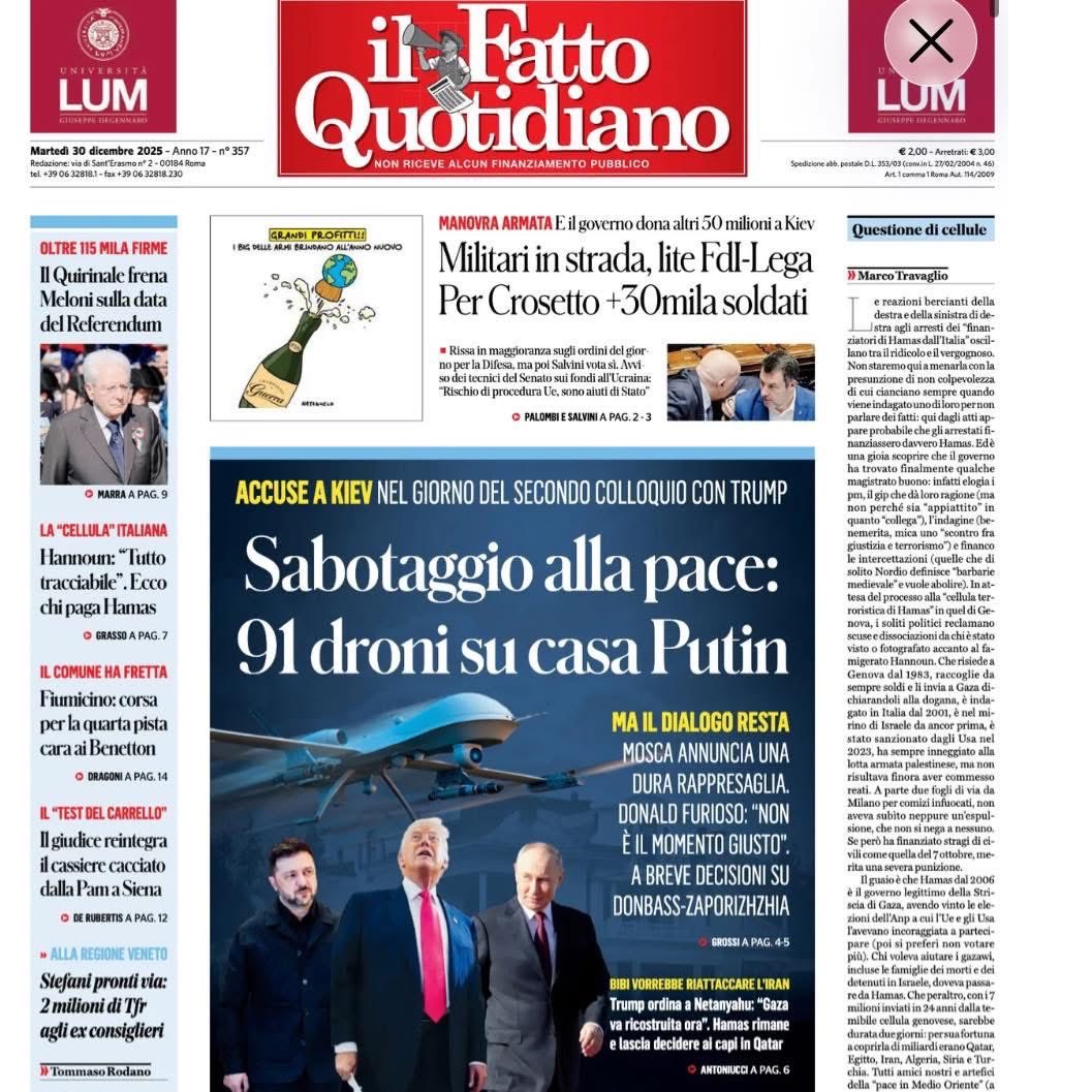 The Italian newspaper Il Fatto, politically close to the pro-Russia 5 Star Movement, gives credence without any doubt to the story of the ukr attack on Putin's residence in Valdai, of which no one in the global independent osint world has seen even the slightest trace