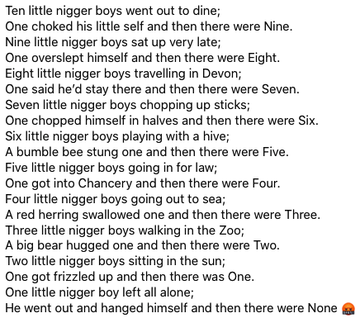 AfricanArchives's tweet image. One of the several nursery books series taught to white children to count in the late 1800s and the early 1900s. 

Depicted in the book are caricatures of Black boys who are eliminated by a series of events, counting down to the last one.