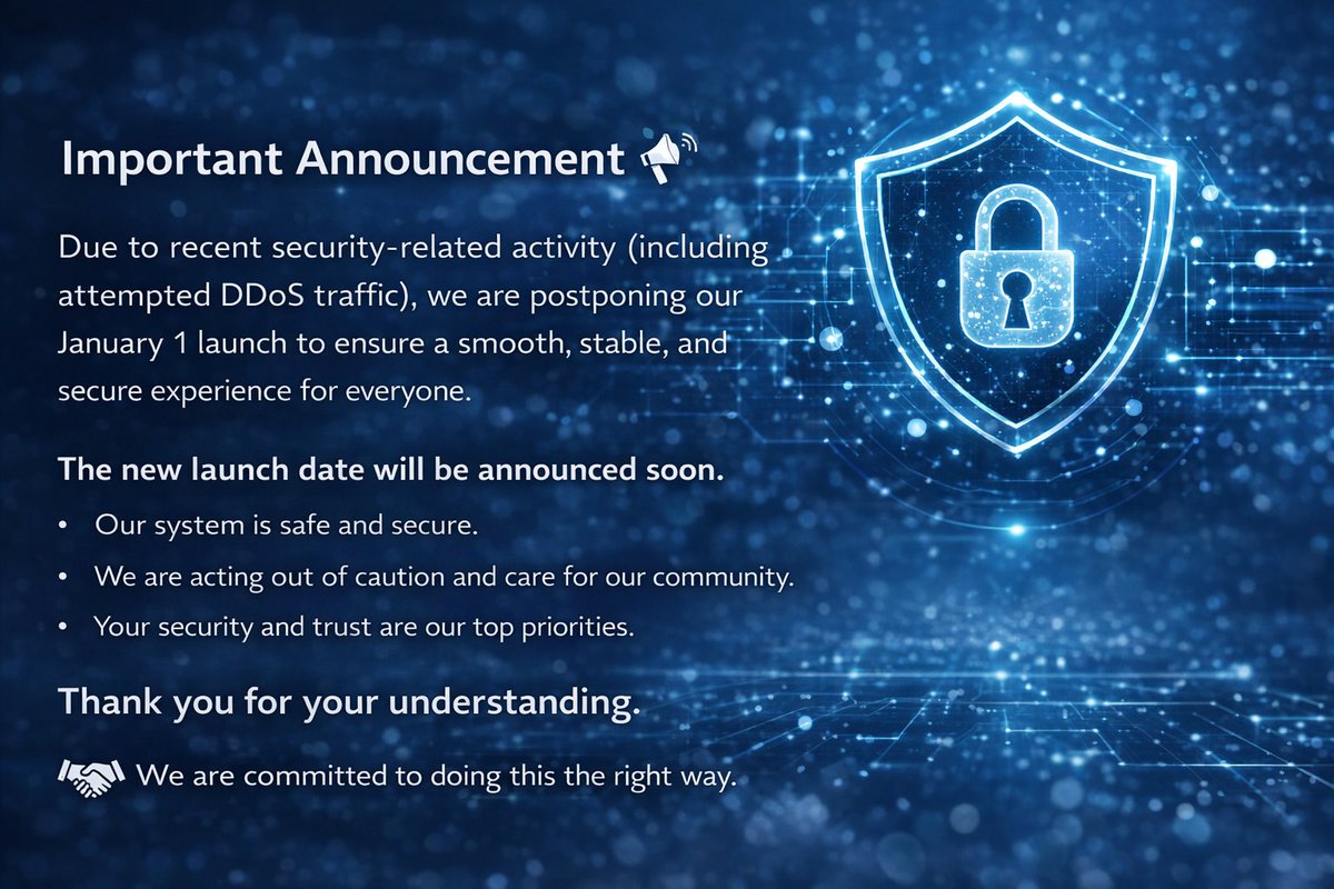The_Royal_NFT's tweet photo. 📢Important Announcement

We want to share a transparent update with our community 🤝

The project was scheduled to go live on January 1. However, due to recent security-related activity, including attempted DDoS traffic, we have decided to postpone the launch for a short time.

There is no need to worry.
The system is safe, secure, and fully under control 🔐

This step is purely precautionary. Our top priority is the community, and we never want users to face instability, inconvenience, or risk of any kind.

Our team is strengthening security measures and further optimizing the system so that when we go live, the experience is smooth, stable, and secure for everyone 🚀

This decision reflects our core values:

✅ Security first
✅ Stability over speed
✅ Community over shortcuts

Your trust matters to us. We believe it’s better to take a little more time than allow even the smallest issue to affect our users.

The system remains strong.
The foundation is solid.
Development continues as planned 💪
🗓️A new launch date will be announced very soon.
Thank you for your patience, trust, and continued support 💙
We are building this together, and we are doing it the right way.
🤝💙

#RoyalNFT #MLM #Solana #Web3 #CommunityFirst