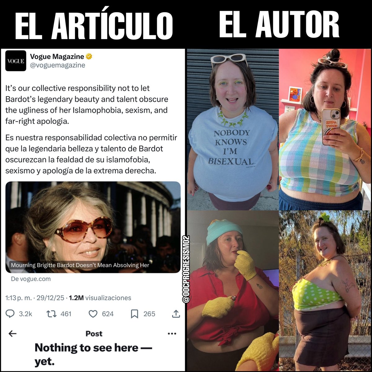 OOCprogresismo2's tweet image. 🇫🇷🇺🇸 Vogue elimina su publicación en 𝕏 donde su columnista acusa a Brigitte Bardot de “fealdad” y de ser de “extrema derecha” tras su muerte.

Emma Specter se identifica como “queer”, usa los pronombres “she/they” y publicó un libro sobre los atracones de comida.