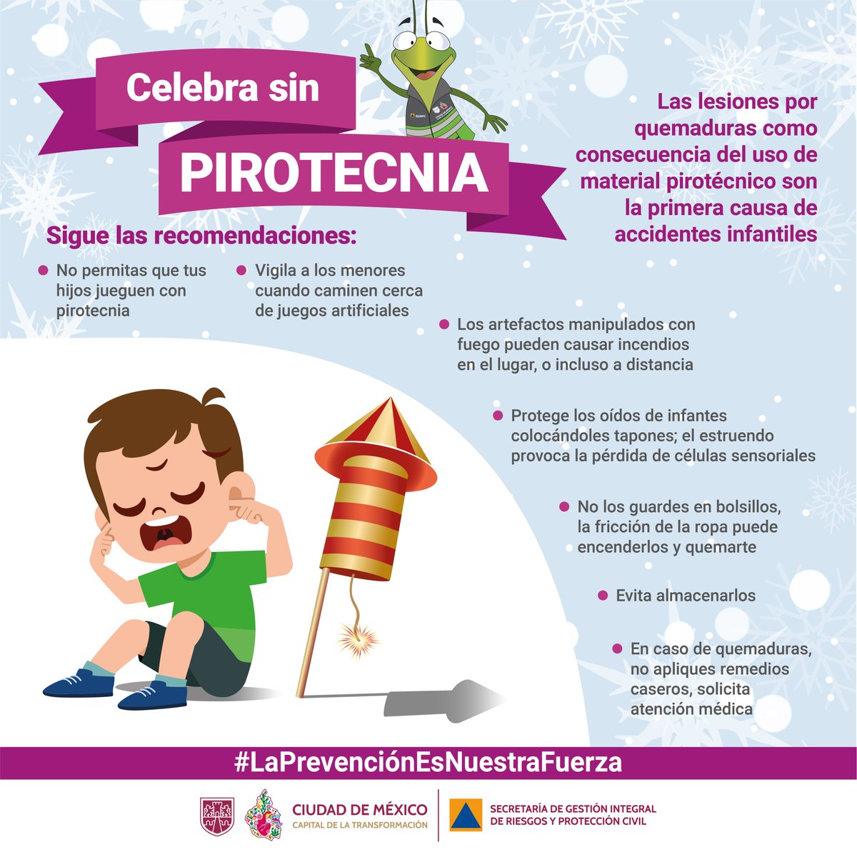 🦺🚫 Celebra sin riesgos y di ¡NO a la pirotecnia!

La #pirotecnia puede provocar heridas, sobre todo en niñas, niños y adolescentes; a los animales de compañía les genera estrés, problemas auditivos e incluso infartos por el miedo, además de que genera altos niveles de