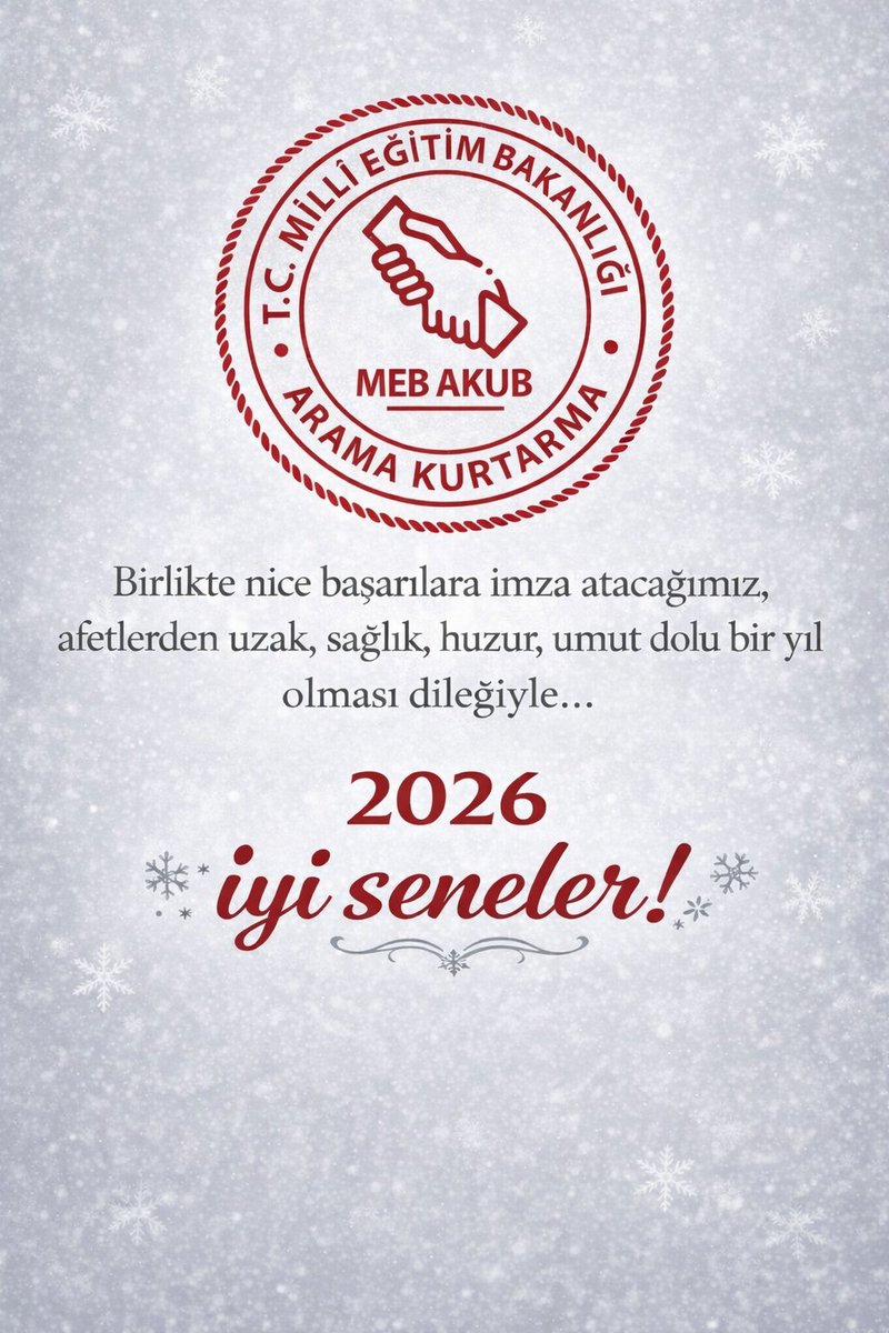 Afetlerden uzak, saglık, huzur, umut dolu bir yıl
olması dilegiyle... iyi seneler!
<a href="/tcmeb/">Millî Eğitim Bakanlığı</a> 
<a href="/Yusuf__Tekin/">Yusuf Tekin</a> 
<a href="/meb_dhgm/">Destek Hizmetleri Genel Müdürlüğü</a> 
<a href="/omurfatih/">Ömür Fatih Karakullukçu</a> 
<a href="/mebisgb/">İşyeri Sağlık ve Güvenlik Birimi Daire Başkanlığı</a> 
<a href="/ozkan_meb/">Özkan AVCI</a> 
<a href="/MetinTayarer/">Metin TAYARER🇹🇷🇹🇷🇹🇷</a> 
#mebakub #yeniyil2026