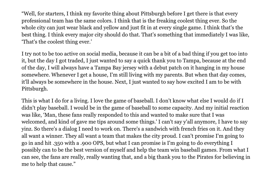 colin_beazley's tweet image. We just talked to Pirates trade acquisition Jake Mangum on Zoom for a half hour. This was his very first answer.

Something tells me Pirates fans are going to like this guy.