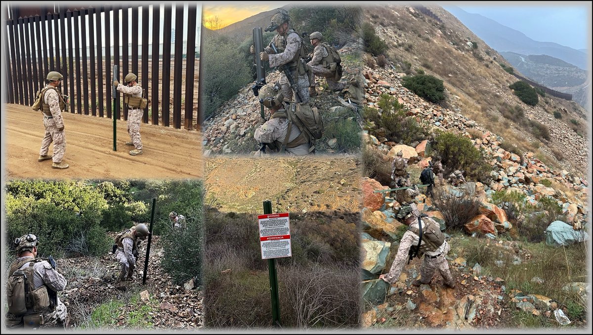 JointTFSB's tweet image. The mission in motion. This collage shows our #Servicemembers in action, securing the new CA National Defense Area on the #SouthernBorder. From installing signs to patrolling the line, #JTF_SB has the watch. #WeHaveTheWatch #NationalSecurity
