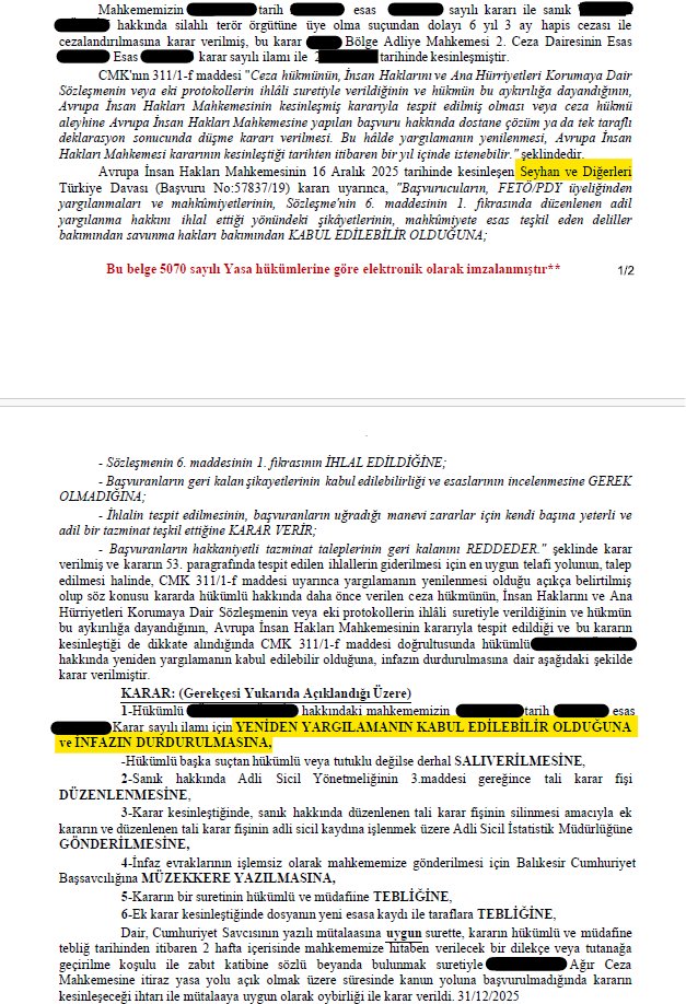 Yeni Bir İnfaz Durdurma Kararı!

AİHM'in 16 Aralık'ta verdiği Seyhan ve diğerleri kararının başvurucularından birinin yaptığı yeniden yargılanma talebi kabul edilmiş ve infazın durdurulmasına karar verilmiştir.Benzer nitelikte hukuka uygun kararların sayısının artması dileğiyle.