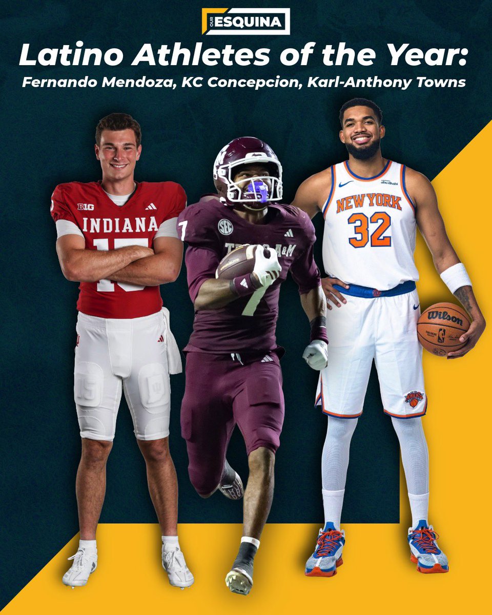 Fernando Mendoza, KC Concepcion &amp; NBA All-Star Karl-Anthony Towns are Our Esquina’s 2025 Latino Athletes of the Year.
As leaders of character, philanthropists &amp; brilliance on &amp; off the court &amp; field, they embodied Latino Excellence. <a href="/QbMendoza/">MendozaQB</a> <a href="/KarlTowns/">Karl-Anthony Towns</a> <a href="/AggieFootball/">Texas A&M Football</a>